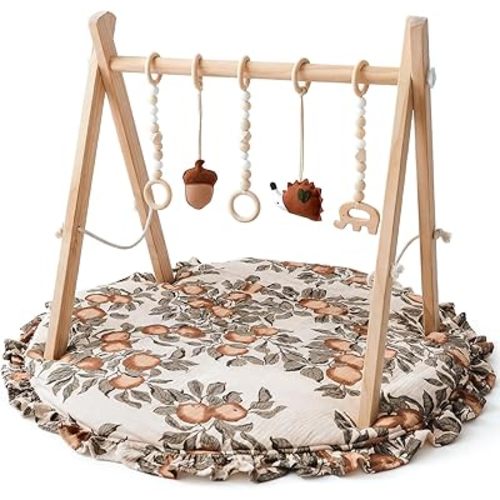 Wooden Baby Play Gym with Apple & Leaf Print Play Mat, Baby Gym with 5 Sensory Toys, Foldable Baby Activity Center Play Gym Frame for Newborn Infant Shower Gift