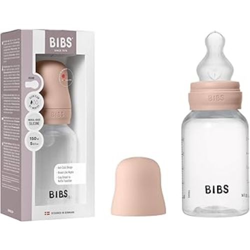 BIBS Baby Bottle 5 oz / 150 ml Silicone Nipple - Anti-Colic, BPA-Free, Round Nipple, Slow Flow, Lightweight & Easy to Clean, Suitable for Newborns 0+ Years - Blush