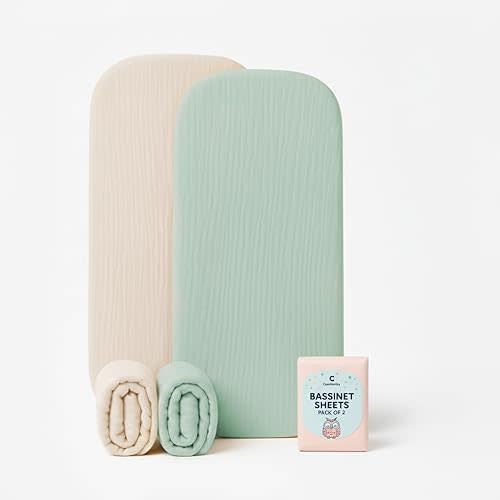 Muslin Bassinet Sheets Set of 2, Green & Beige Bassinet Sheets 33x17 Inches, Soft Fitted Bedside Sheets for Rectangle & Oval Mattress, Breathable, Gentle, Won’t Slide or Wrinkle