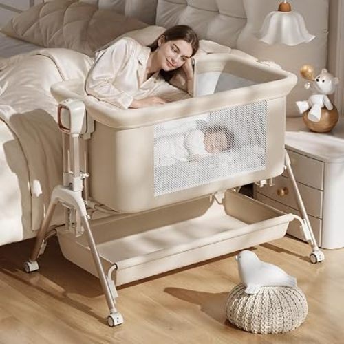 3-in-1 Baby Bassinet Baby Crib Bedside Crib with Mattress, Breathable Mesh Rocking Bassinet, 6-Height Adjustable Baby Bed & Bedside Sleeper for Newborn Infant, Lockable Wheels & Storage Baske