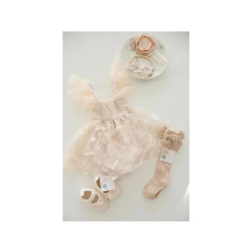 Baby Girl Easter Boho Tulle Dress or Romper, Neutral Ivory Cream Lace Bow Coming Home Outfit Butterfly Wedding Flower Girl