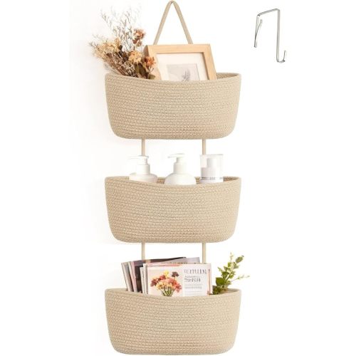 Dahey Over The Door Hanging Basket Storage 3-Tier Woven Wall Basket, Jute | Space-Saving, Hook Fits 1.77" Door, Widely Boho Nursery Organizer for Bathroom Bedroom Dorm Decor, Detachable Adjustable Rope