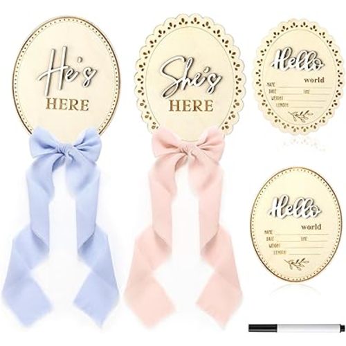 5 Pcs Baby Announcement Gender Reveal Sign Set 5.9 Inch Wooden Hello World Newborn Sign Welcome Birth Name Plaques Milestone Gifts for Girl Photo Prop Shower Boy Hospital Nursery Wall Decor