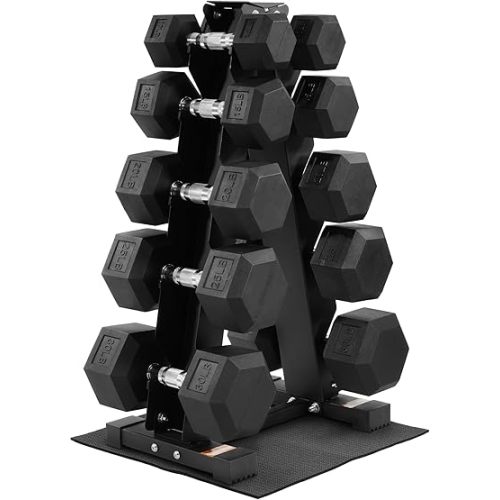 Fitvids Rubber Coated Hex Dumbbell Weight Set and Storage Rack, 100LB or 150LB or 200LB​ Sets, 5-20 lbs or 5-25 lbs or 10-30 lbs Pairs