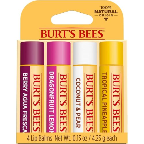 Burt's Bees 100% Natural Origin Moisturising Lip Balm Set, Tropical Pineapple, Berry Agua Fresca, Dragon Fruit Lemon and Coconut and Pear, 4 Tubes