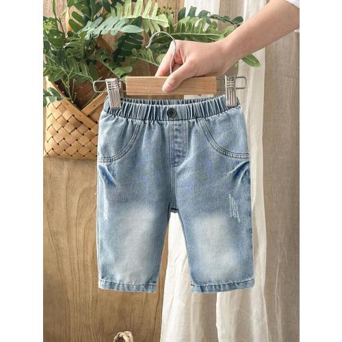 SHEIN Vintaside Kids Countryside Style Newborn Baby Denim Pants,Classic Washed Blue Vintage Loose Fit Jeans With Full Elastic Waistband,Fake Pockets&Front Button Closure | SHEIN