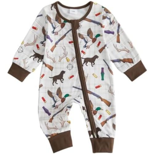 Baby Girl Boy Hunting Clothes Mallard Duck Deer Romper Zipper Jumpsuit Retro Bodysuit Newborn Going Home Outfit Fall
