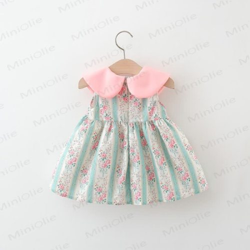 Baby Toddler Girl Pink Flower Stripe Lapel Dress