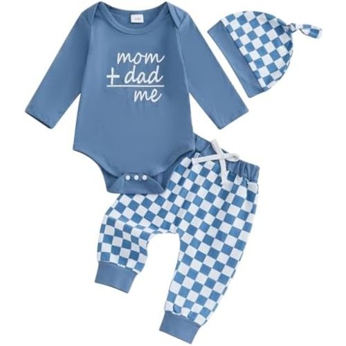 3Pcs Newborn Baby Girl Boy Coming Home Outfit Mom and Dad Me Romper Bodysuit Tops Pants Set +Hat Fall Clothes