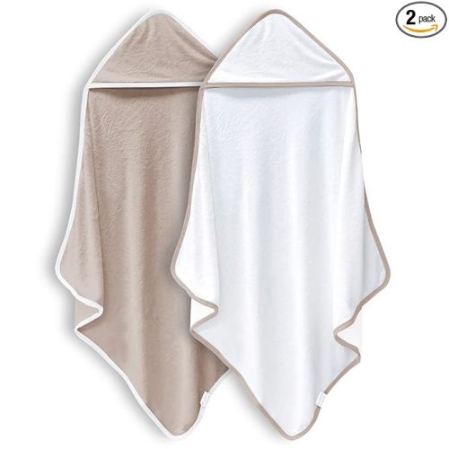 2 Pack Baby Bath Towel - Rayon Made from Bamboo, Ultra Soft Hooded Towels for Kids - X Large Size for 0-7 Yrs (White and Brown, 37.5 x 37.5 Inch)