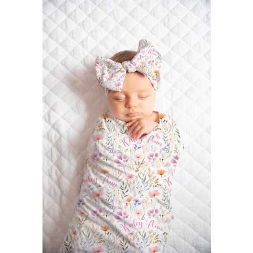 Personalized Wildflower Baby Girl Swaddle Blanket, Bow Knot Cap or Beanie, Newborn Photo Prop, Baby Shower Gift, Baby Coming Home Outfit