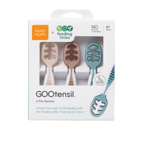 NumNum Baby Spoons Set, Feeding Littles x Silicone Pre-Spoon GOOtensils for Baby Led Weaning, Self-Feeding & Teething, First Stage Toddler Utensils for Ages 6+ Months, 3-Pack, BPA-Free (Neutrals)