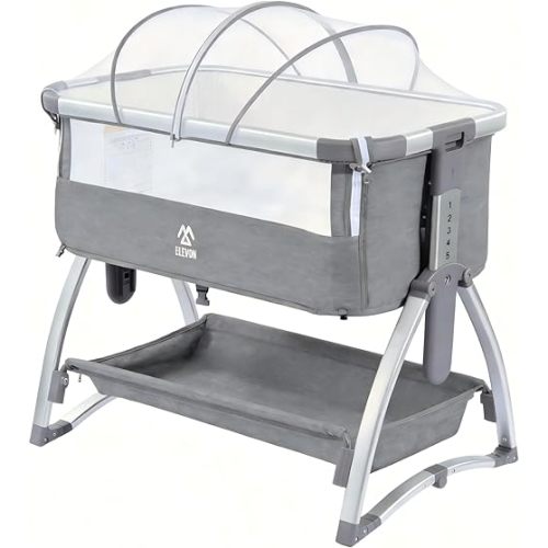 Elevon Bedside Bassinet, 4-in-1 Baby Bedside Sleeper with Rocking Mode, Breathable Mesh, Built-in Wheels, Adjustable 7 Heights, Portable Infant Bassinet with Mattress and Storage