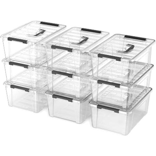 Clear 9-Pack Plastic Storage Bins with Lids, 6 Quart Stackable Containers Organization with Latch Buckle