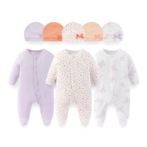 BABYSOLIS 8 Pack Unisex Baby Boy Girl Footed One-piece Outfit Infant Hats 0-12months Comfort New Born Romper Clothes
