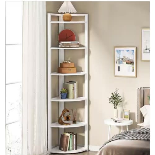 BYBLIGHT 70.9 in. Tall White Engineered Wood 6-Shelf Corner Bookcase, Small Bookshelf for Living Room, Home Office BB-HL020GX