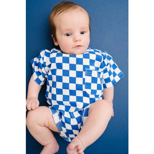 Blue Checkered Pocket Romper