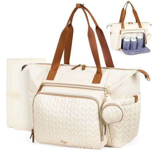 Large Waterproof Diaper Bag Tote with Changing Pad & Pacifier Case, Travel Baby Bag for Labor Delivery Hospital, Beige