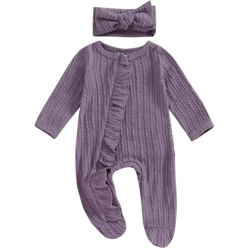 Twopumpkin Knit Jumpsuit Sweater Romper (Footies Cable Knit Purple, 6-12 months)
