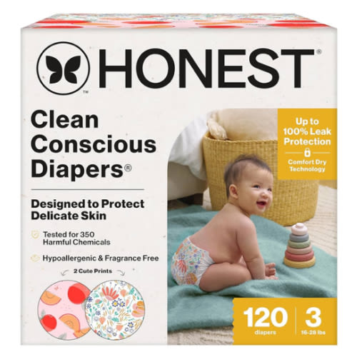 The Honest Company Clean Conscious Diapers for Sensitive Skin | Up to 100% Leakproof | Hypoallergenic, Fragrance Free | Girl Prints | Super Club Box, Size 3 (16-28 lbs), 120 Count (Prints May Vary)