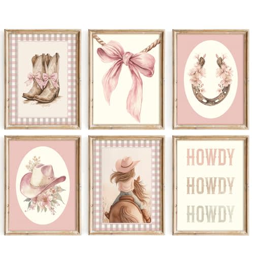 Western Cowgirl Nursery Wall Art Decor Vintage Girl Room Canvas Poster Pink Coquette Nursery Art Prints Preppy Aesthetic Pictures Bow Floral Boots Artwork for Girls Bedroom 8x10 Inch Unframed 6Pcs
