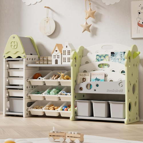 Wanan 4-Tier Kids Toy Storage Organizer with 17 Removable Bins, Castle-Themed Bookshelf for Toddlers, Green