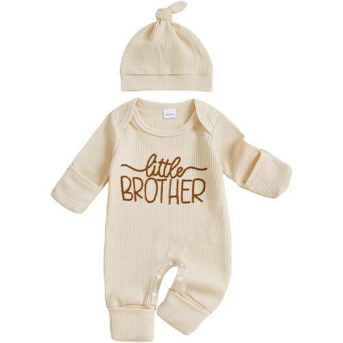 allshope Newborn Baby Boy Fall Outfit Romper Little Brother Lil Bro Long Sleeve Jumpsuit Bodysuit Infant Winter Waffle Clothes (Color Apricot, Newborn)