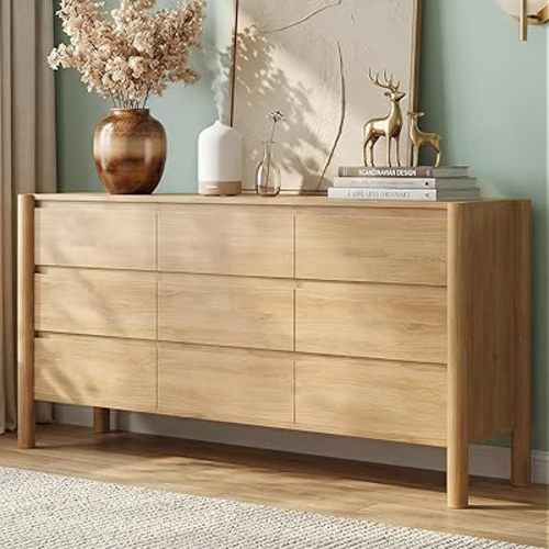 63" Wide Oak 9 Drawer Dresser for Bedroom with Solid Wood Legs