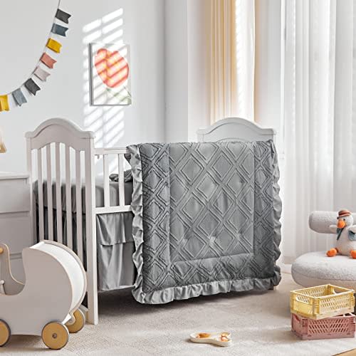 Tufted Ruffle Crib Bedding Set 3 Pieces Baby Boho Quilted Comforter with Fitted Sheet and Bed Skirt - Cute Ruffled Shabby Chic Baby Bedding Soft Blanket Design Gray