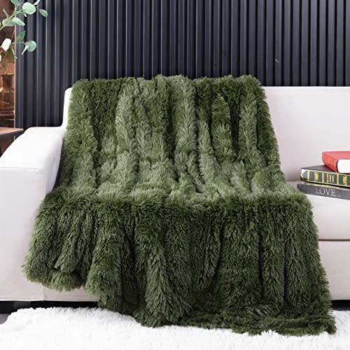 YUSOKI Olive Green Faux Fur Throw Blanket,2 Layers,50" x 60" Cozy Plush Fluffy Blanket Furry Fuzzy Warm Cute Shaggy Blanket for Fall Bed Living Room Dcor Baby Women Pet