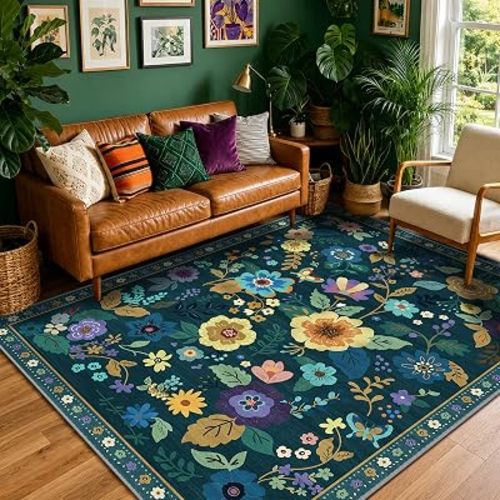 RELEANY Floral Washable 5x7 Area Rugs Teal/Purple