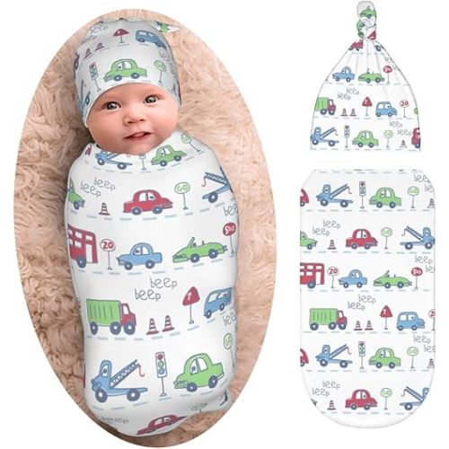 Car Theme Baby Stuff Newborn Swaddle Blanket with Beanie Set, Soft and Stretchy Baby Blanket Swaddle Sack for Boy and Girl