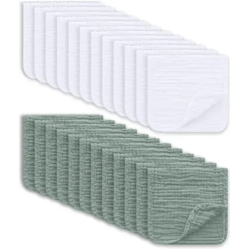 Muslin Burp Cloths Large 100% Cotton Hand Washcloths for Boys & Girls, Baby Essentials Extra Absorbent and Soft Burping Rags for Newborn Registry (White & Green, 24-Pack, 20" X10")