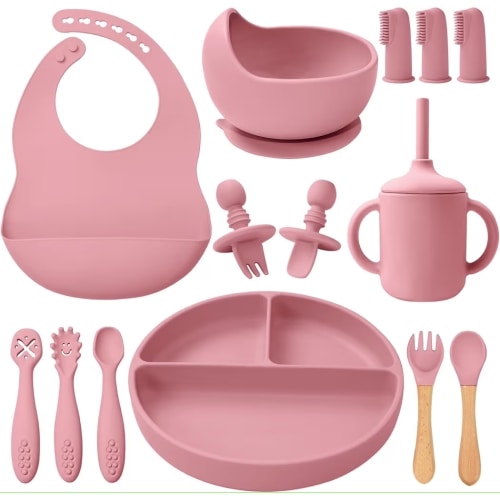 LITTLE RAWR Silicone Baby Feeding Set 14 Pcs,Baby Led Weaning Supplies, Baby Spoons Suction Bowl Divided Plate Bib Cup Finger Brush,First Stage Solid Food Eating Utensils - 6+ Months(Deep Red)