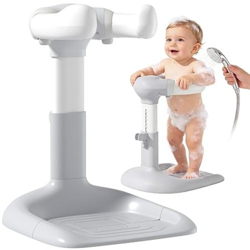 Upgraded Baby Shower Stand with Anti-Pinch Silicone & Anti-Slip Base, Adjustable Height Baby Bath Standing Support, Soporte para Bañera de Bebé Assist Holder for 6-36 Months Toddler, Ideal Gift, Gray