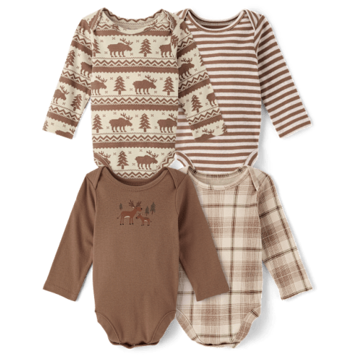 Baby Boys Moose Bodysuit 4-Pack - Brown