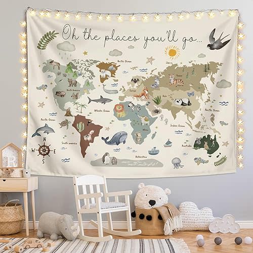 LIANGW Boho Kids World Map Tapestry Wall Hanging, Animal Continents Wildlife Educational Geography Learning Wall Blanket Decor for Classroom Toddler Kids Room Nursery Playroom, 50x60 Inch
