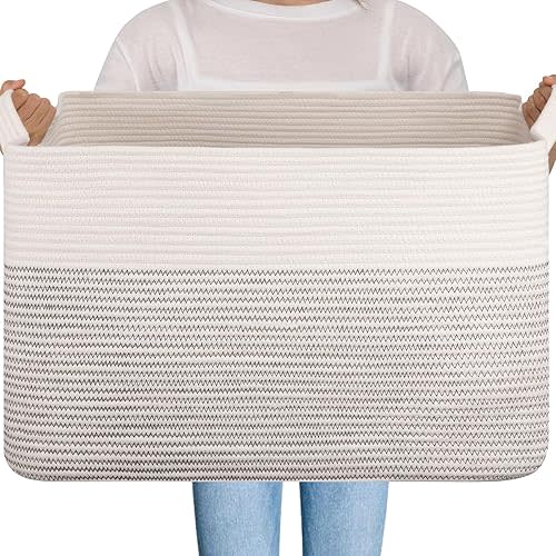OIAHOMY Extra Large Blanket Basket, 95L Woven Storage Basket, Cotton Rope Toy Bin for Baby Room, Container for Storage in Living Room, 24''×17''×14'', Black & White