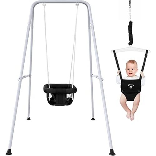 2 in 1 Baby Jumper with Swing - Indoor and Outdoor Use, Baby Jumpers and Bouncers, Toddler Swing with Foldable Stand(Black)