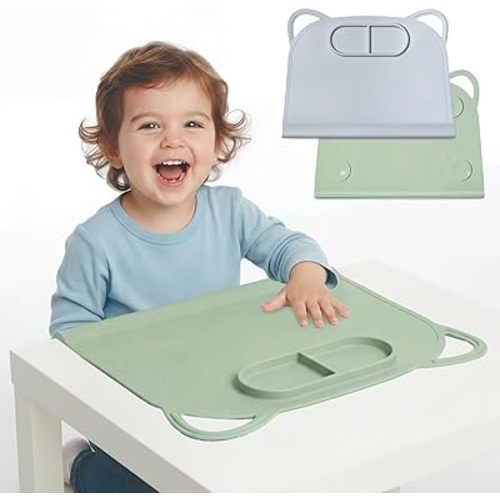 Domensi 2 Pack Silicone Suction Placemat with Teething Edge Bumper/Spill for Baby Toddlers Kids with Storage Bag, Non-Slip Dinning Table Mat, Dishwasher Safe for Table (Blue Green)
