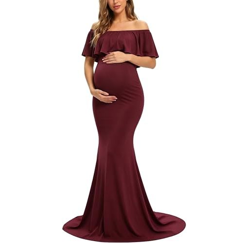 Glampunch Womens Off Shoulder Maternity Dress Ruffles Elegant Slim Gowns Fit Maxi Photography Dress