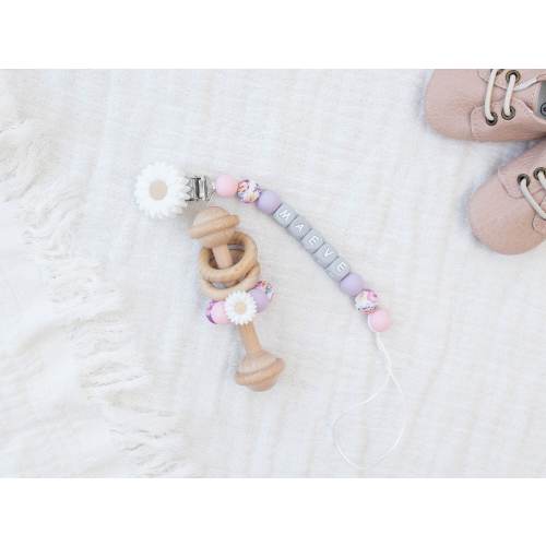Personalized White flower Pacifier Clip with Matching Rattle Ring, Custom Pacifier Clip,  Newborn Baby Shower Gift Sets, Montessori Rattle