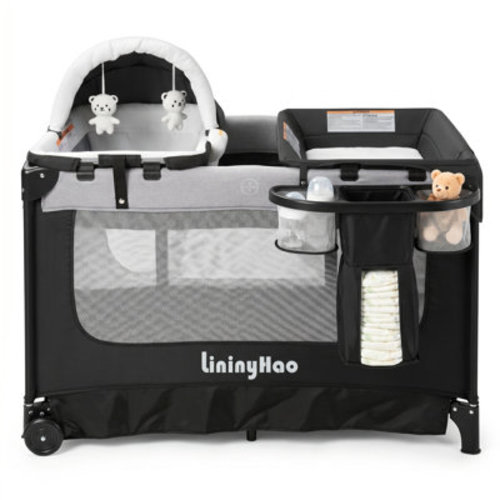 Zoomie Kids 5-in-1Foldable Baby Playpen with Bassinet, Changing Table, Black Gray | Wayfair
