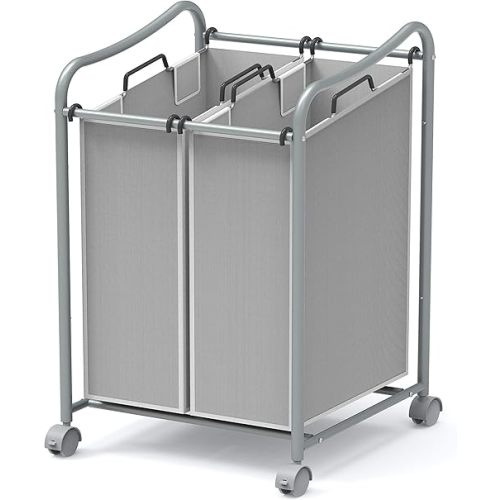 Simple Houseware 2-Bag Heavy Duty Rolling Laundry Sorter Cart, Silver – 2 Section Removable Bags and Lockable Wheels for Laundry Room Organization