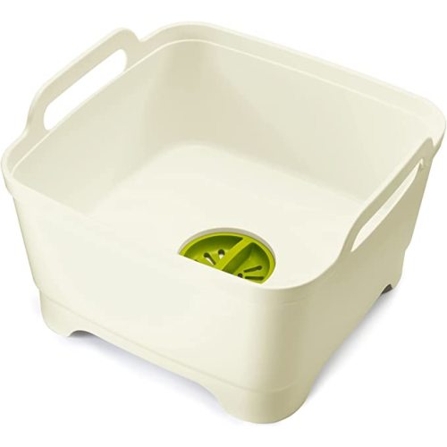 Joseph Joseph 85055 Wash & Drain Wash Basin Dishpan with Draining Plug Carry Handles 12.4-in x 12.2-in x 7.5-in, White