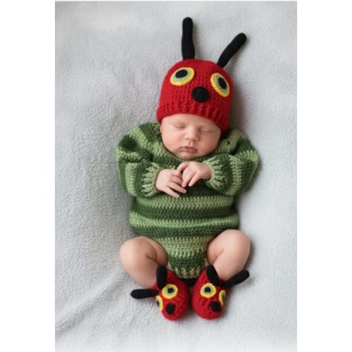 The Very Hungry Caterpillar Inspired Baby Set –Newborn Halloween costumu Crochet Sweater, Hat & Booties – Newborn Photo Prop Outfit