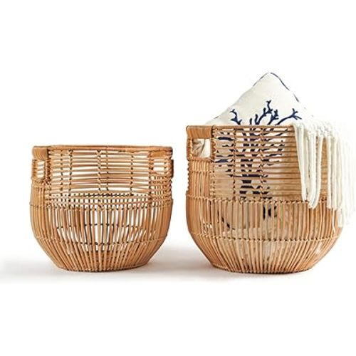 Set Of 2 Large Woven Blanket Baskets With Handles | Round Wicker Rattan Storage Floor Baskets for Shoe In Living Room | Extra Big Boho Rattan Laundry For Pillow, Blanket