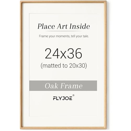 24 x 36 Poster Frame, USA-Sourced Natural Oak Wood Picture Frame with Tempered Glass, Handcrafted Rounded Corner 24x36 Wooden Frame Matted to 20x30 Photos, Horizontal or Vertical Wall Mounting
