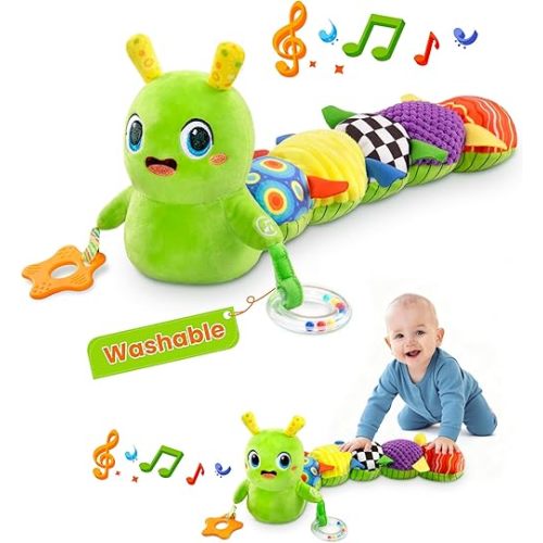 Baby Toys 0-6 Months, Washable Baby Musical Caterpillar Toys with 10 Children's Songs,Rattles,Teething Toys,Suitable for 0-6, 6-12 Months Infant Tummy Time Toy,Newborn Baby Boy&Gril Toy(Green)