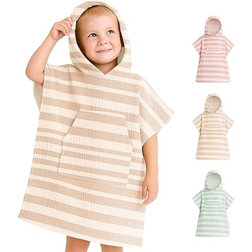 Konssy Muslin Hooded Bath Towels for Kids, 100% Cotton, Soft Quick-Dry Bath/Beach/Pool Towel Poncho with Front Pocket for Toddlers, Lightweight & Absorbent (1-3 Years)